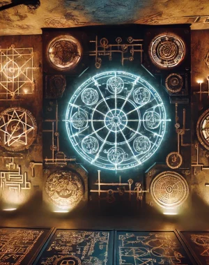 DALL·E 2024-06-18 16.46.20 - A dimly lit escape room with glowing mechanical symbols on the walls. The symbols have a futuristic and supernatural look, emitting an eerie glow. The