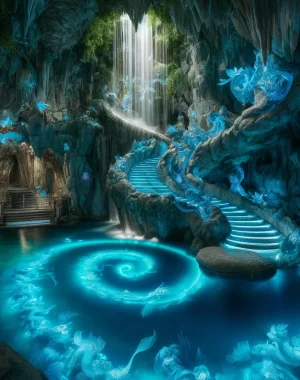 DALL·E 2024-06-18 16.48.35 - A magical mermaid lagoon inside a cave, featuring a luminescent walkway with cerulean blue creatures nestled in the nooks and crannies of the wall. Th