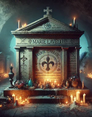 DALL·E 2024-06-18 19.46.04 - The tomb of Marie Laveau, adorned with elements of magic, voodoo, and spiritual symbolism. The tomb is an old, weathered structure with inscriptions a